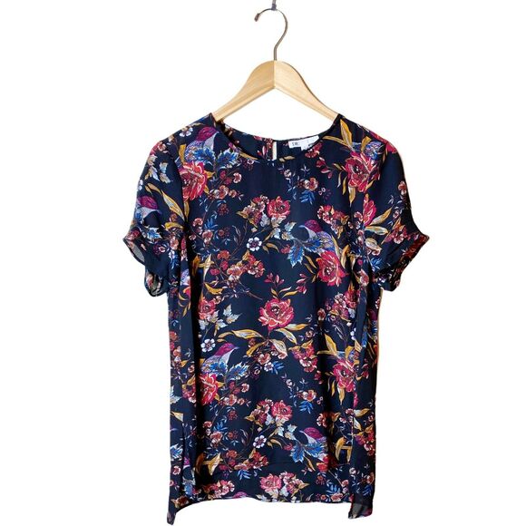 NORDSTROM DR2 Floral Blouse Print w/ Birds Multicolor Short Sleeve Top Small NWT - Picture 1 of 5